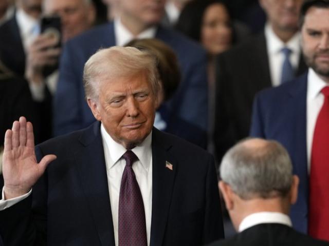 Donald Trump is sworn in as the 47th president of the United States by Chief Justice John Roberts in the Rotunda of the U.S. Capitol, Jan. 20, 2025. (AP Photo/Julia Demaree Nikhinson, Pool)