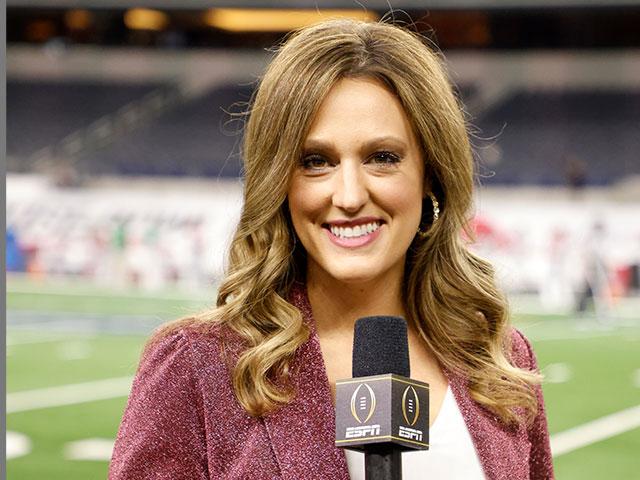 Allison Williams, sideline reporter with ESPN poses for a photo on the field at AT&amp;T Stadium before the Rose Bowl NCAA college football game between Notre Dame and Alabama in Arlington, Texas, Friday, Jan. 1, 2021. (AP Photo/Michael Ainsworth)