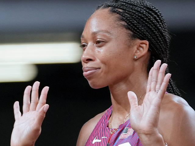 Allyson Felix, of the United States, reacts prior to the start in a semifinal of the women&#039;s 400-meters at the 2020 Summer Olympics, Wednesday, Aug. 4, 2021, in Tokyo. (AP Photo/Matthias Schrader)