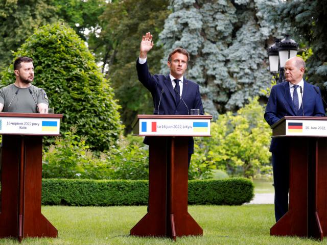 From left, Ukraine President Volodymyr Zelenskyy, France&#039;s President Emmanuel Macron and German Chancellor Olaf Scholz attend a press conference in Kyiv, Thursday, June 16, 2022. (Ludovic Marin, Pool via AP)