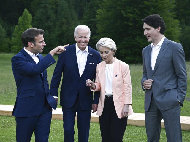 From left, President Emmanuel Macron, US President Joe Biden, European Commission President Ursula von der Leyen and Canada&#039;s Prime Minister Justin Trudeau. (Brendan Smialowski/Pool via AP)