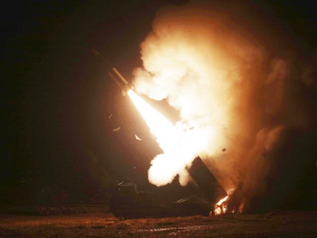 In this photo provided by South Korea Defense Ministry, an Army Tactical Missile System or ATACMS, missile is fired during a joint military drill between U.S. and South Korea. (South Korea Defense Ministry via AP)