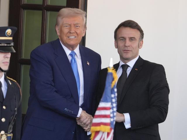 President Donald Trump, left, greets France&#039;s President Emmanuel Macron before a news conference at the White House, Monday, Feb. 24, 2025, in Washington. (AP Photo/Manuel Balce Ceneta)