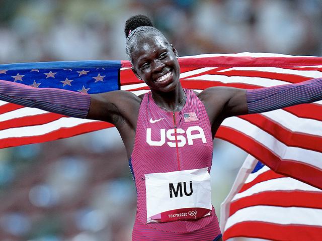 Athing Mu, of United States, reacts after winning the final of the women&#039;s 800-meters at the 2020 Summer Olympics, Aug. 3, 2021, in Tokyo. (AP Photo/Petr David Josek)
