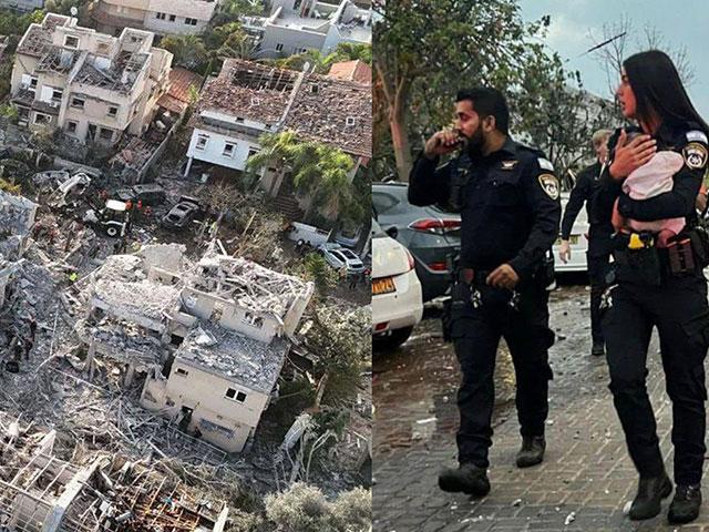 Neighborhood hit by an Iranian ballistic missile (left), and an Israeli policewoman holding the seven-week-old baby of Ariel Levin-Waldman (right) on June 14, 2025.