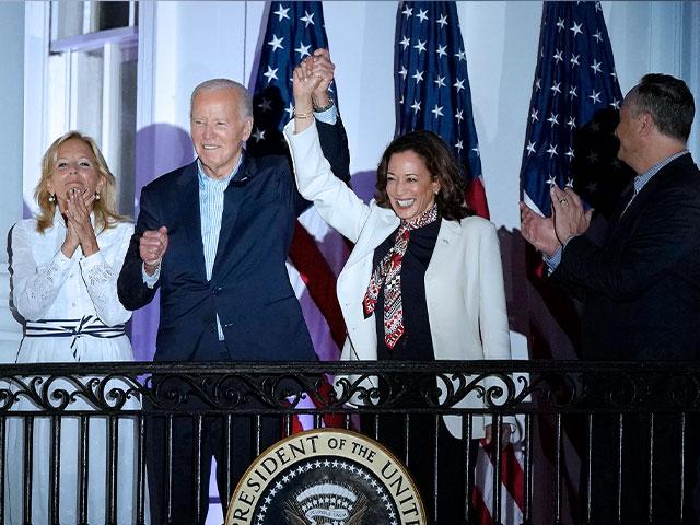 President Biden and Vice President Harris arrive to watch the Fourth of July fireworks from the White House balcony, July 4, 2024.  (AP Photo/Susan Walsh)