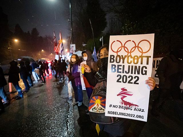 Protesters oppose the Beijing Winter Olympics due to China&#039;s human rights abuses, Feb. 3, 2022, outside the Chinese Consulate, in Vancouver, British Columbia. (Darryl Dyck/The Canadian Press via AP)