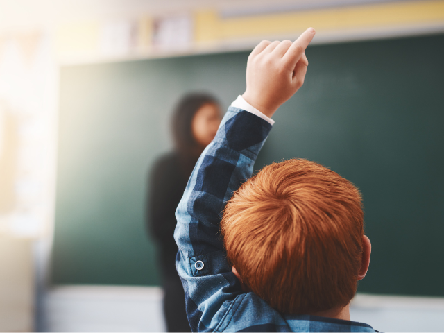 child raising his hand in a classroom