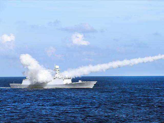Chinese missile frigate Yuncheng launches an anti-ship missile during a military exercise in the waters near south China&#039;s Hainan Island and Paracel Islands.