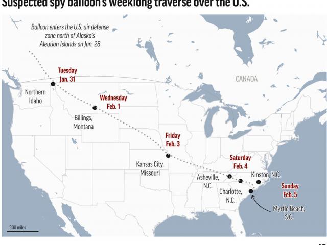 AP map shows path of suspected spy balloon.