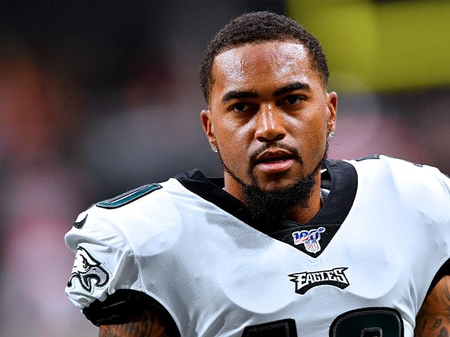 In this Sept. 15, 2019, file photo, Philadelphia Eagles wide receiver DeSean Jackson (10) warms up before an NFL football game against the Atlanta Falcons, in Atlanta.
