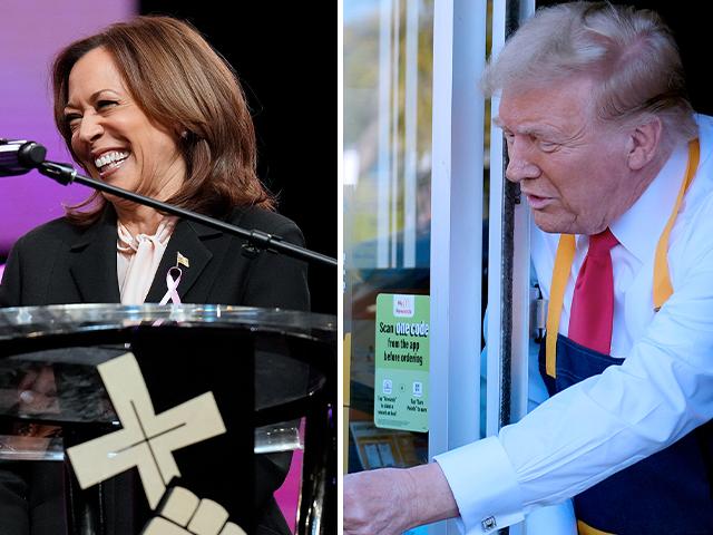 Harris campaigns at New Birth Baptist Church in Stonecrest, GA, Oct. 20, 2024. (AP Photo/Jacquelyn Martin) and Trump hands an order at a McDonald&#039;s drive-thru, Oct. 20, 2024, in Feasterville-Trevose, PA. (AP Photo/Evan Vucci)