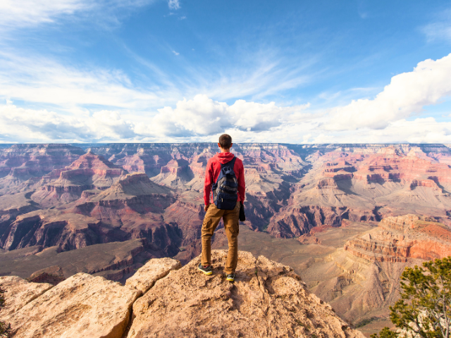 hiker standing on ridge of the grand canyon