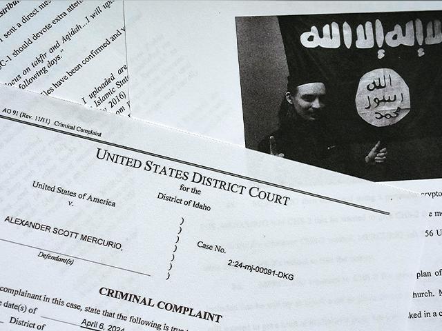 The criminal complaint against Alexander Scott Mercurio from April 9, 2024. Mercurio, 18, is charged with attempting to provide material support to ISIS and planning to attack a Coeur d&#039;Alene church. (AP Photo/Jenny Kane)