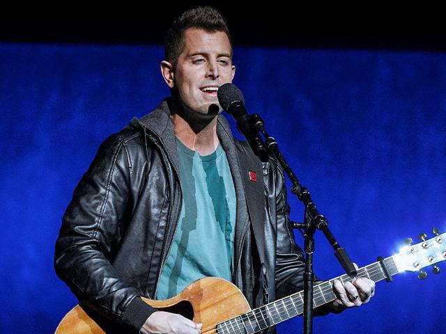 Singer Jeremy Camp, the inspiration for the film &quot;I Still Believe,&quot; performs during a Lionsgate presentation on April 4, 2019, in Las Vegas. (Photo by Chris Pizzello/Invision/AP)