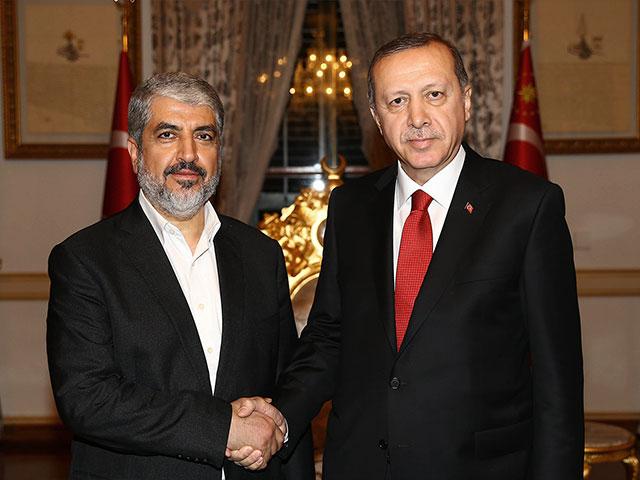 Hamas leader Khaled Meshaal and Turkish President Recep Tayyip Erdogan, AP file photo
