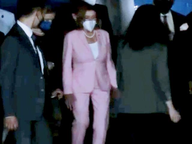 In this image taken from video, U.S. House Speaker Nancy Pelosi arrives in Taipei, Taiwan, Tuesday, Aug. 2, 2022. (Taiwan Ministry of Foreign Affairs via AP)