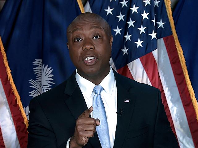 Sen. Tim Scott, R-S.C., delivers the Republican response to President Joe Biden&#039;s speech to a joint session of Congress on Wednesday, April 28, 2021, in Washington. (Senate Television via AP)