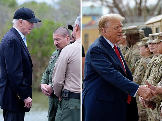 President Biden talks with the U.S. Border Patrol in Brownsville while Donald Trump greets members of Texas Department of Public Safety in Eagle Pass (AP Photos/Evan Vucci/Eric Gay)