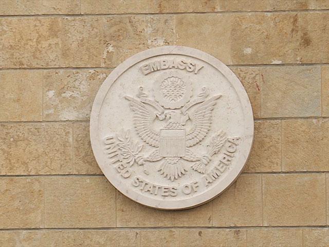 US Embassy Seal at its new location in Jerusalem, Photo, CBN News, Jonathan Goff