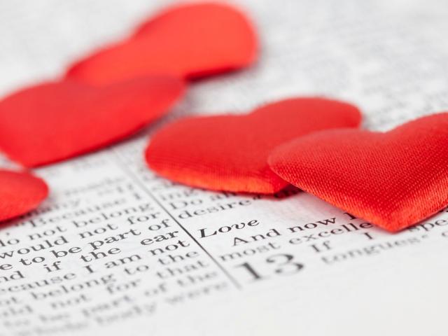 red hearts overtop 1 Corinthians 13