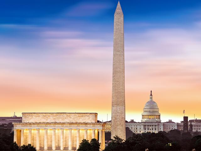 Sunrise over Washington, DC with the Washington Monument in the middle (Adobe Stock photo)