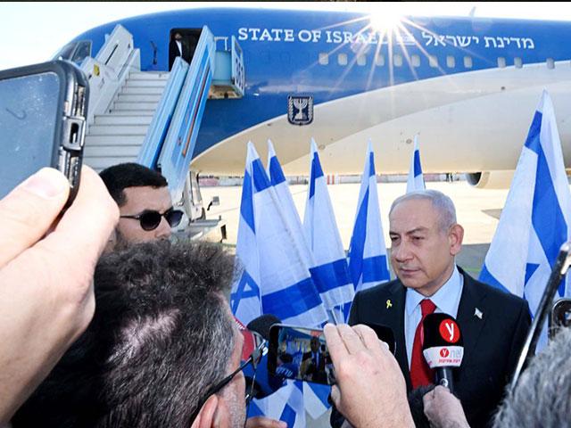 Israeli Prime Minister Benjamin Netanyahu discusses pending talks with President Trump before boarding a plane to Washington, Sunday, Febuary 2, 2025. Photo Credit: GPO