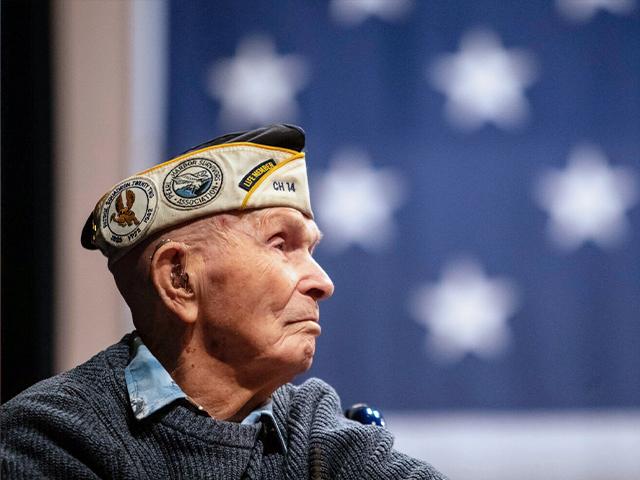 Pearl Harbor survivor Dick Higgins at a ceremony in Bend, OR, on Dec. 7, 2023, to honor him and those who died in the Dec. 7, 1941 attack. Higgins died at 102 on March 19, 2024, at his home in Bend, OR. (Joe Kline/The Bulletin via AP)