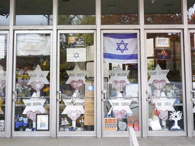 A memorial inside the dormant landmark Tree of Life synagogue in Pittsburgh&#039;s Squirrel Hill neighborhood on Oct. 26, 2022, four years after 11 people were killed in America&#039;s deadliest antisemitic attack on Oct. 27, 2018. (AP Photo/Gene J. Puskar) 