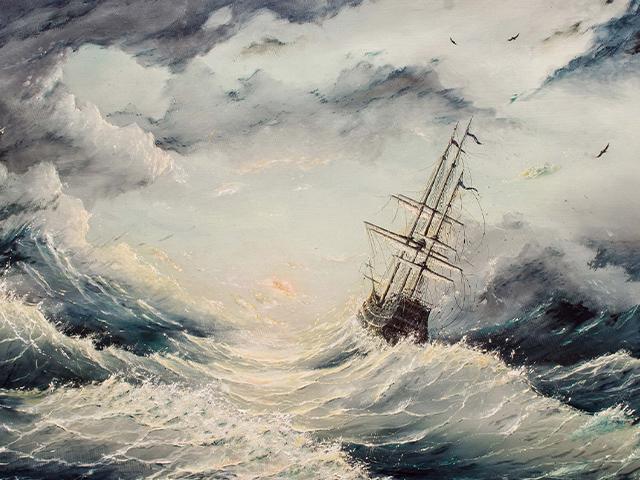 painting of a ship on stormy seas