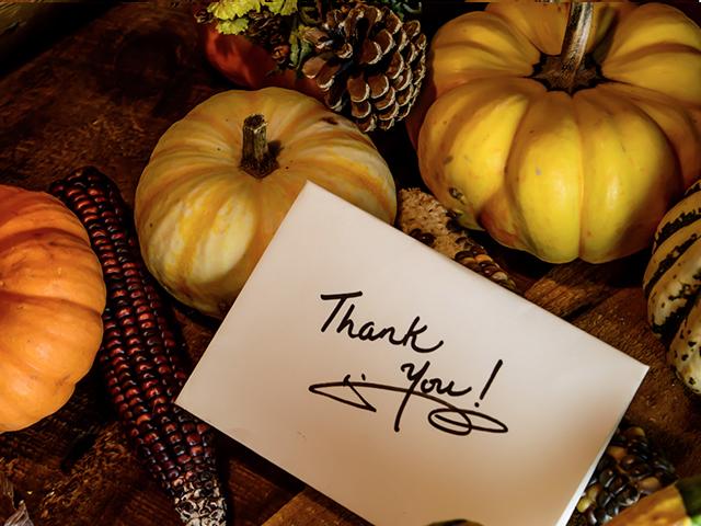 thank you card with corn and pumpkins