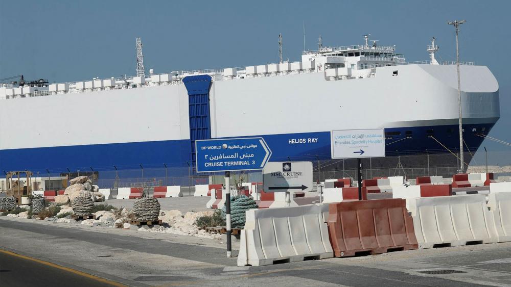 The Israeli-owned cargo ship, Helios Ray, sits docked in port after arriving for repairs in Dubai. AP Photo/Kamran Jebreili)