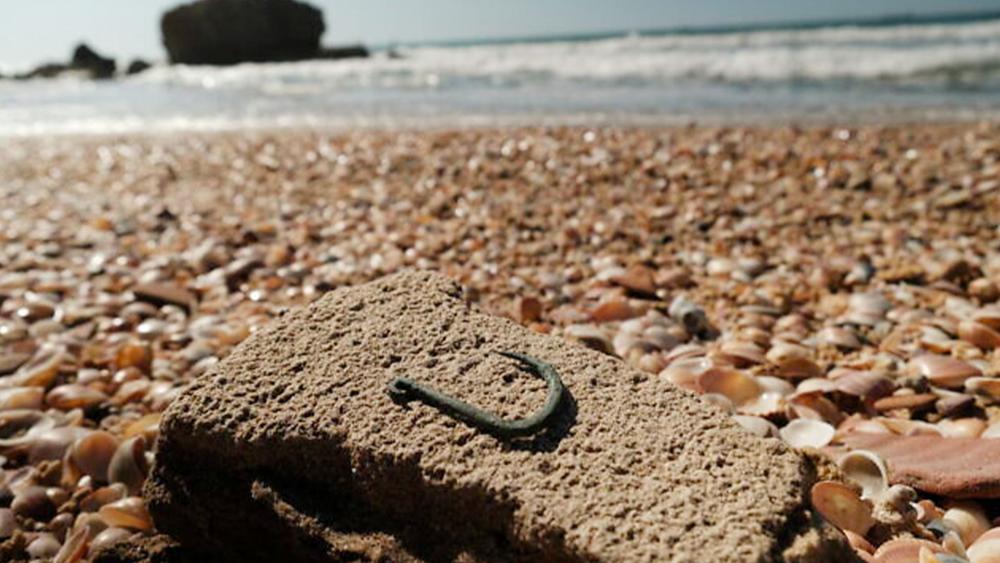 A copper fishhook discovered in Ashkelon in 2018 was likely used to hunt sharks, in this photo from the Israel Antiquities Authority on March 29, 2023. Photo Credit: Emil Aladjem/IAA.
