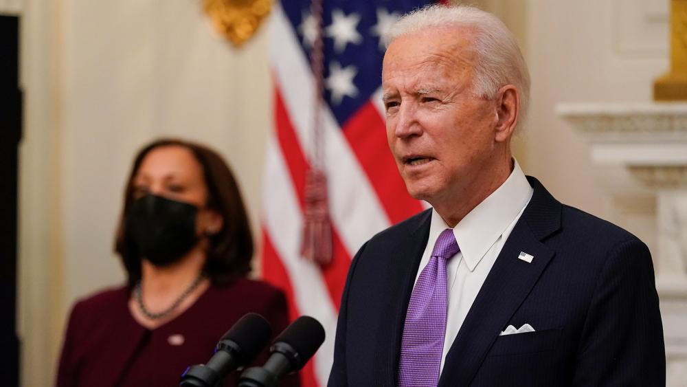 President Joe Biden speaks accompanied by Vice President Kamala Harris (AP Photo/Alex Brandon)