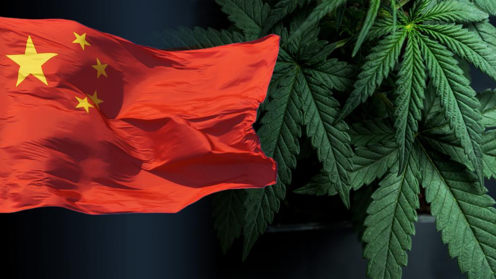 chinese flag and a marijuana leaf