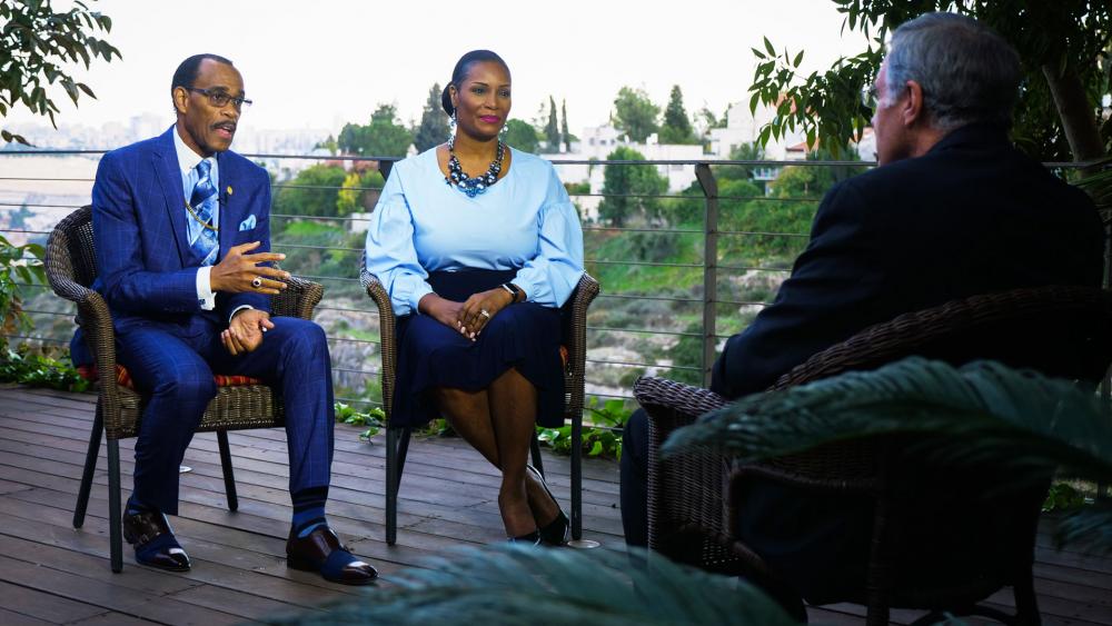 Bishop Glenn Plummer (left) sits with his wife, Dr. Pauline Plummer (right) for an interview with CBN News. Sept. 25. 2020. Photo Credit: CBN News
