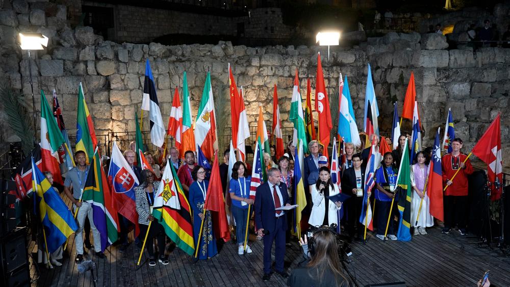 Christians from 54 nations came to Jerusalem&#039;s Tower of David Museum to celebrate the 2024 Feast of Tabernacles during wartime. Photo Credit: CBN News. 