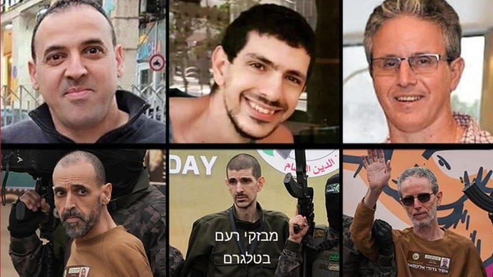 Photos of Israeli hostages Eli Sharabi, Or Levy, and Ohad Ben Ami taken before and after their release by Hamas after 491 days in captivity. 