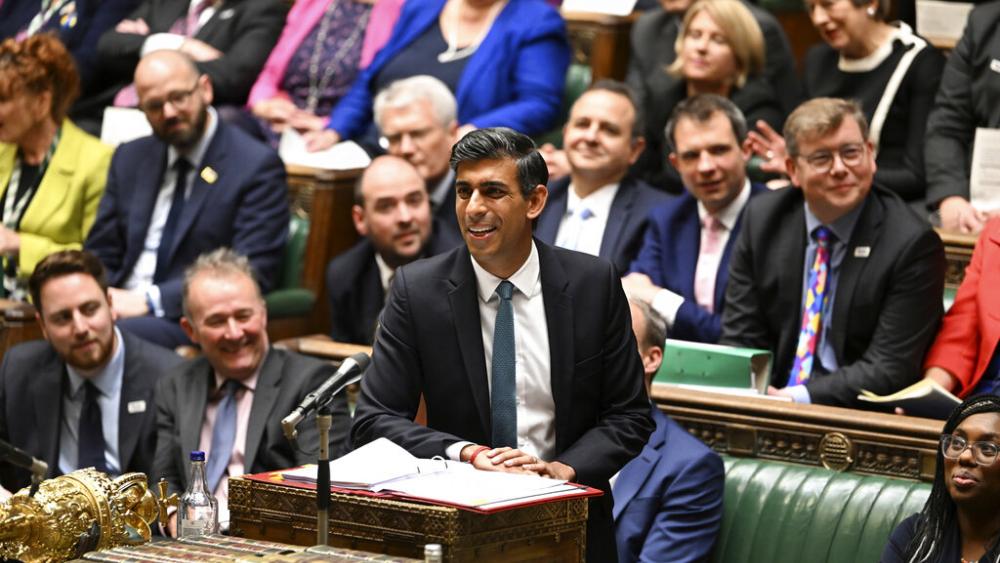 In this handout photo provided by UK Parliament, Britain&#039;s Prime Minister Rishi Sunak speaks during Prime Minister&#039;s Questions in the House of Commons in London, Wednesday, Oct. 26, 2022. (Jessica Taylor/UK Parliament via AP)