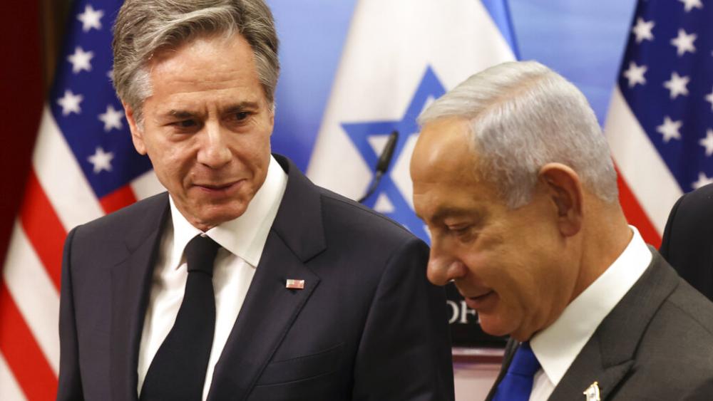 Israeli Prime Minister Benjamin Netanyahu and U.S. Secretary of State Antony Blinken give a joint press conferfence, January 30, 2023, in Jerusalem. (Ronaldo Schemidt/Pool via AP)