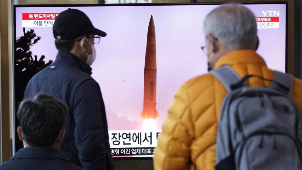 A TV screen shows a file image of North Korea&#039;s missile launch during a news program at the Seoul Railway Station in Seoul, South Korea, Thursday, March 16, 2023. (AP Photo/Ahn Young-joon)