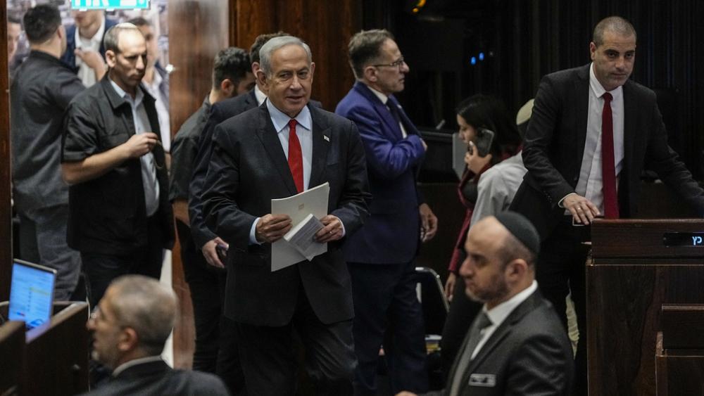 Israeli Prime Minister Benjamin Netanyahu enters the Knesset, Israel&#039;s parliament in Jerusalem, Tuesday, May 23, 2023. (AP Photo/Ohad Zwigenberg)