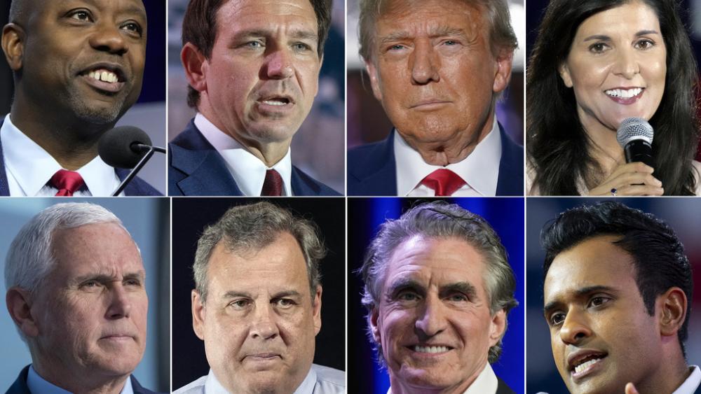 This combination of photos shows Republican presidential candidates--Scott, DeSantis, Trump, Haley, Pence, Christie, Bergum and Ramaswamy--who say theyhave qualified for the first 2024 GOP Presidential debate on Aug. 23, 2023. (AP photo)