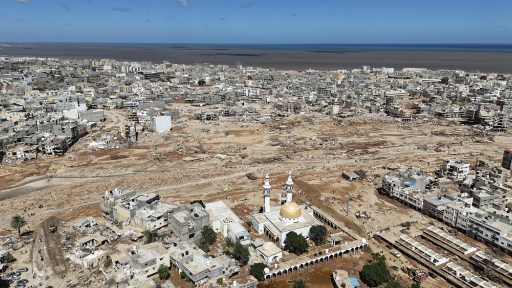 A general view of the flooded city of Derna, Libya, is seen Wednesday, Sept. 13, 2023. The rainwater that gushed into the city has killed thousands, and thousands more are missing. (AP Photo/Muhammad J. Elalwany)