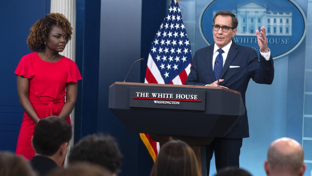 White House press secretary Karine Jean-Pierre listens as White House national security communications adviser John Kirby speaks during a press briefing at the White House, Thursday, April 4, 2024, in Washington. (AP Photo/Evan Vucci)