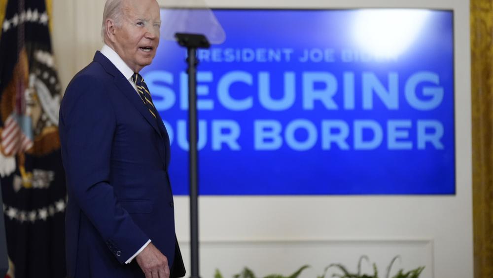 President Joe Biden walks off after speaking about an executive order in the East Room at the White House in Washington, Tuesday, June 4, 2024. (AP Photo/Manuel Balce Ceneta)