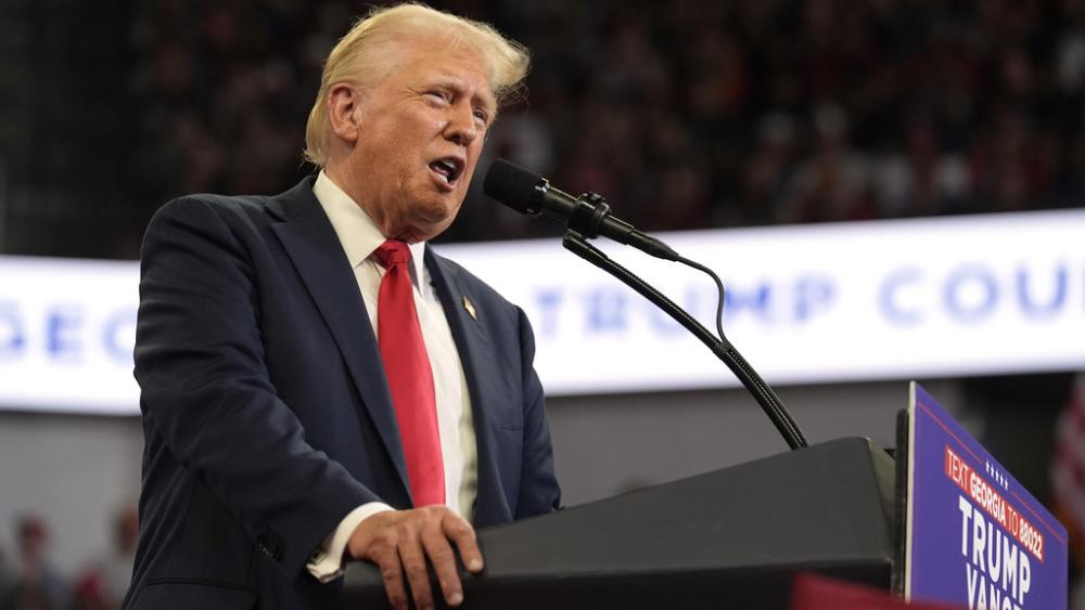 Republican presidential candidate former President Donald Trump speaks at a campaign rally at Georgia State University in Atlanta, Saturday, Aug. 3, 2024. (AP Photo/John Bazemore)