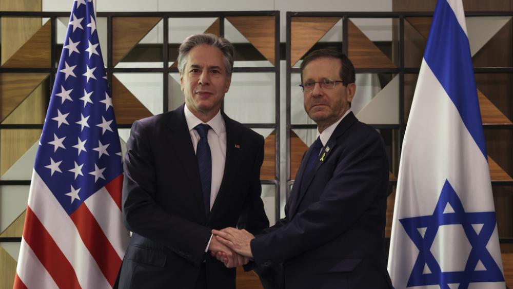 U.S. Secretary of State Antony Blinken, left, meets with Israel&#039;s President Isaac Herzog, in Tel Aviv, Israel, Monday, Aug. 19, 2024. (Kevin Mohatt/Pool Photo via AP)