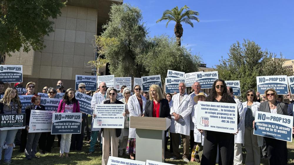 &quot;It Goes Too Far,&quot; the official campaign opposing Arizona&#039;s abortion ballot measure, holds a press conference at the state Capitol on Oct. 30, 2024. (AP Photo/Sejal Govindarao)