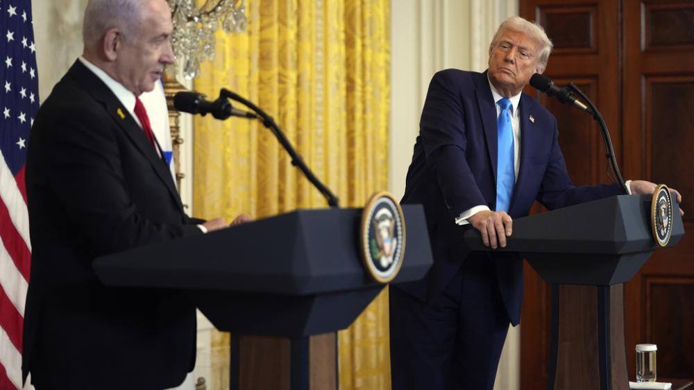 President Donald Trump and Israel&#039;s Prime Minister Benjamin Netanyahu speak during a news conference in the East Room of the White House, Tuesday, Feb. 4, 2025, in Washington. (AP Photo/Evan Vucci)